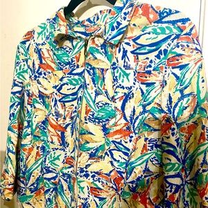 Coldwater Creek Womens Linen Jacket Petite Med Zip Colorful Tropical 3/4 Sleeve